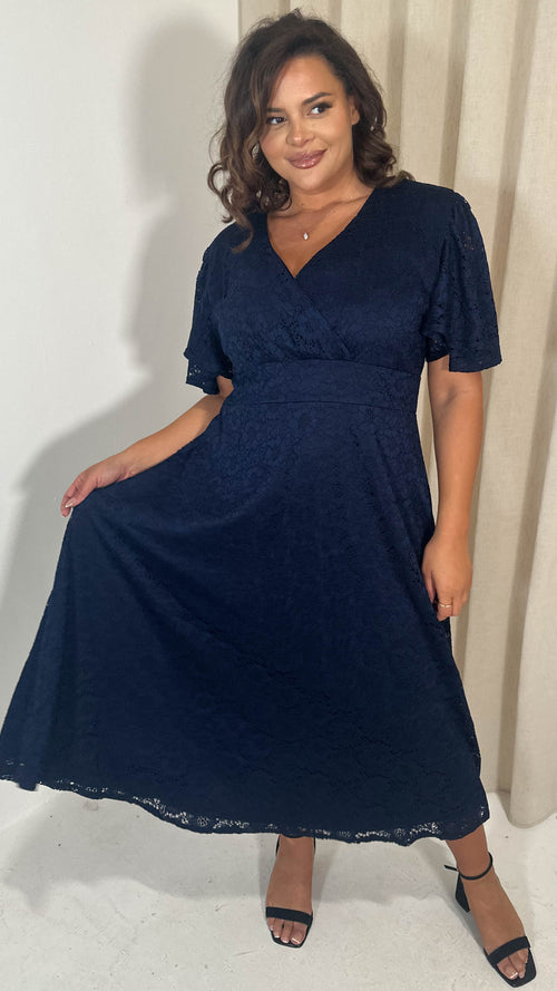 CurveWow Lace Angel Sleeve Dress Navy