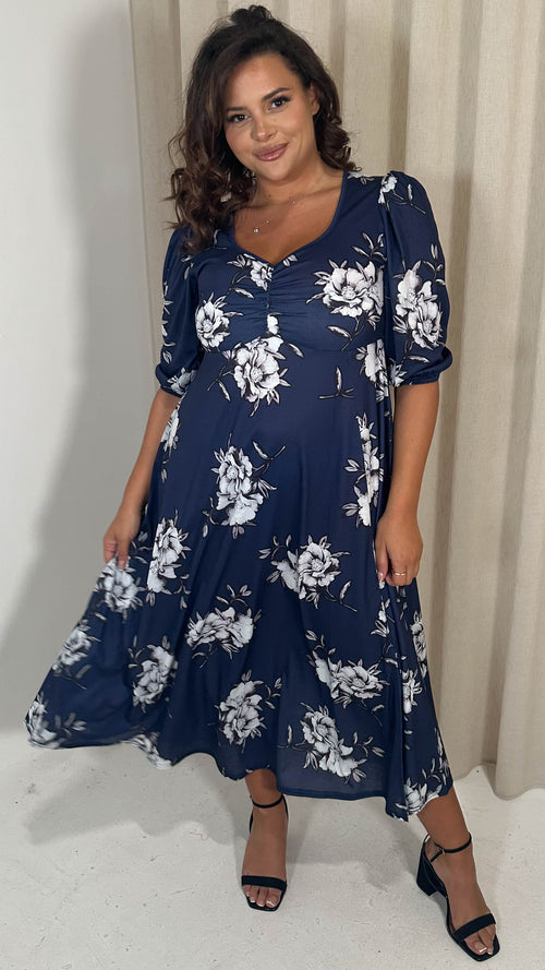 CurveWow Sweetheart Split Front Midi Dress Navy Floral