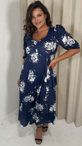 CurveWow Sweetheart Split Front Midaxi Dress Navy Floral