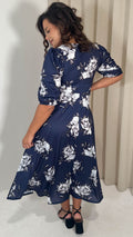 CurveWow Sweetheart Split Front Midaxi Dress Navy Floral