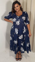 CurveWow Sweetheart Split Front Midaxi Dress Navy Floral