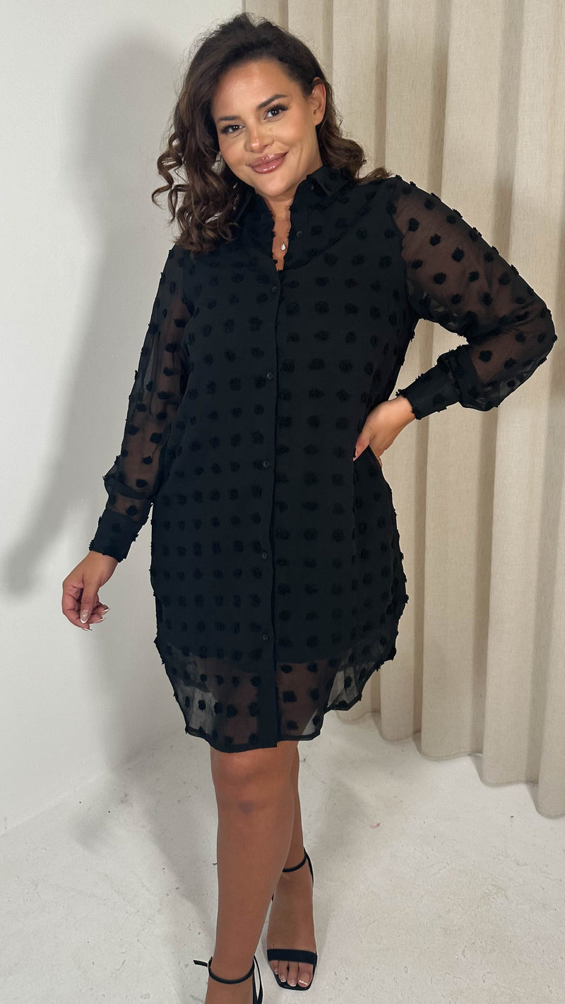 CurveWow Embossed Dot Shirt Dress Black