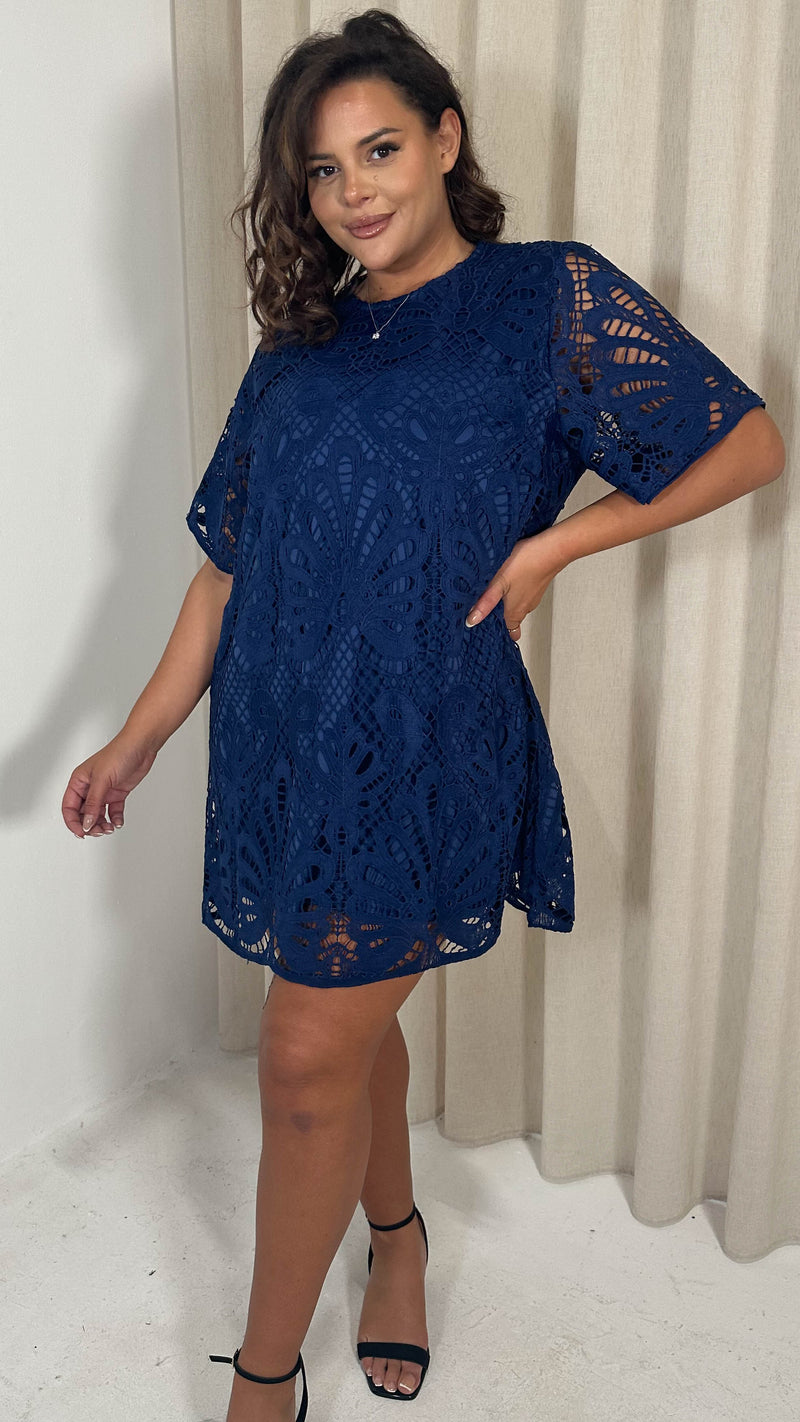 CurveWow Guipure Lace Shift Dress Navy