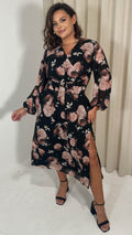 CurveWow Ring Waist V Neck Midaxi Dress Black Floral