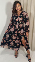 CurveWow Ring Waist V Neck Midaxi Dress Black Floral