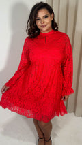 CurveWow Lace Keyhole Shift Dress Red