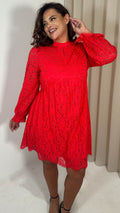 CurveWow Lace Keyhole Shift Dress Red