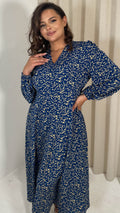 CurveWow V Neck Puff Sleeve Midaxi Dress Navy Animal