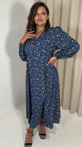 CurveWow V Neck Puff Sleeve Midaxi Dress Navy Animal