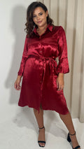 CurveWow Hammered Satin Longline Shirt Dress Wine