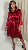 CurveWow Hammered Satin Longline Shirt Dress Wine