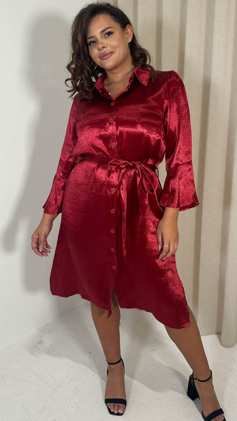 CurveWow Hammered Satin Longline Shirt Dress Wine