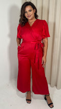 CurveWow Pleated Sleeve Wrap Jumpsuit Red