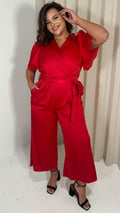 CurveWow Pleated Sleeve Wrap Jumpsuit Red