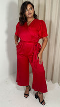 CurveWow Pleated Sleeve Wrap Jumpsuit Red