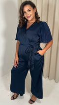 CurveWow Pleated Sleeve Wrap Jumpsuit Navy