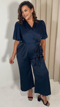 CurveWow Pleated Sleeve Wrap Jumpsuit Navy