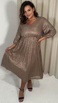 CurveWow Sequin V Neck Skater Dress Copper