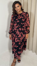 CurveWow Keyhole Midi Dress Black Pink Floral