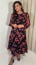 CurveWow Keyhole Midi Dress Black Pink Floral