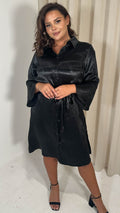 CurveWow Hammered Satin Longline Shirt Dress Black