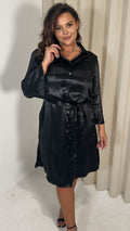 CurveWow Hammered Satin Longline Shirt Dress Black