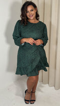 CurveWow Wrap Frill Hem Tea Dress Green Leaf