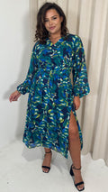 CurveWow Ring Waist V Neck Mini Dress Green Floral