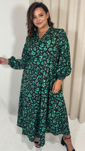 CurveWow V Neck Puff Sleeve Midaxi Dress Green Animal