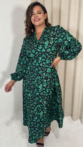 CurveWow V Neck Puff Sleeve Midaxi Dress Green Animal