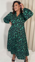 CurveWow V Neck Puff Sleeve Midaxi Dress Green Animal