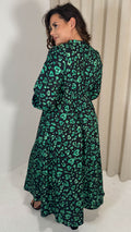 CurveWow V Neck Puff Sleeve Midaxi Dress Green Animal