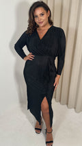 CurveWow Plisse Wrap Ruffle Maxi Dress Black