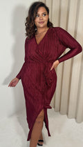 CurveWow Plisse Wrap Ruffle Maxi Dress  Wine