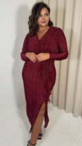 CurveWow Plisse Wrap Ruffle Maxi Dress  Wine