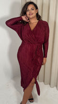 CurveWow Plisse Wrap Ruffle Maxi Dress  Wine