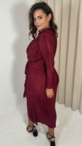 CurveWow Plisse Wrap Ruffle Maxi Dress  Wine