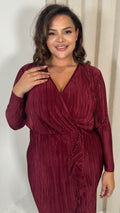 CurveWow Plisse Wrap Ruffle Maxi Dress  Wine