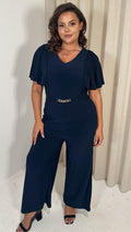 CurveWow Buckle Belt Wideleg Jumpsuit Navy