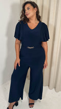 CurveWow Buckle Belt Wideleg Jumpsuit Navy