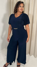 CurveWow Buckle Belt Wideleg Jumpsuit Navy