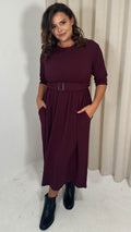 CurveWow Textured Elbow Sleeve Belted Pocket Midi Dress Wine