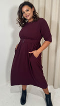 CurveWow Textured Elbow Sleeve Belted Pocket Midi Dress Wine