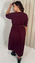 CurveWow Textured Elbow Sleeve Belted Pocket Midi Dress Wine