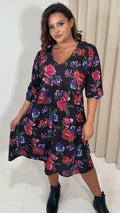 CurveWow V Neck Smock Dress Black Floral