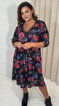 CurveWow V Neck Smock Dress Black Floral