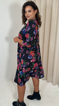 CurveWow V Neck Smock Dress Black Floral