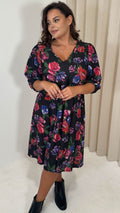 CurveWow V Neck Smock Dress Black Floral