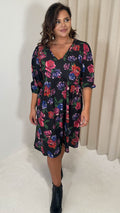 CurveWow V Neck Smock Dress Black Floral