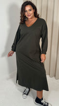 CurveWow V Neck Sweat Maxi Dress Khaki